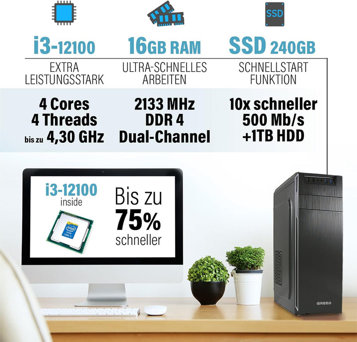 GREED® Multimedia PC mit Intel Core i7 4790 - Schneller Rechner + Computer für Büro & Home Office mi