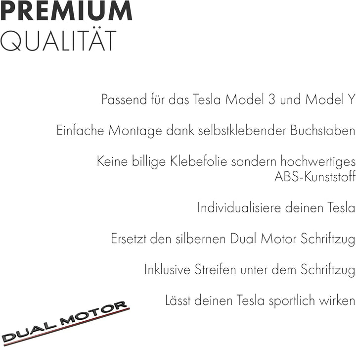 Shop4EV Dual Motor Logo-Emblem - Mattschwarz mit rotem Unterstrich, für Tesla Model Y/3, Langlebiges