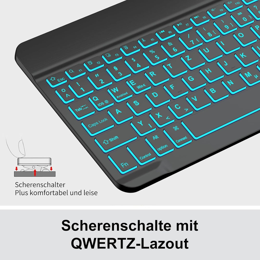 Bluetooth Tastatur Deutsches Layout für 10+ Zoll Tablets, Mit 7-Farben Hintergrundbeleuchtung, Ohne