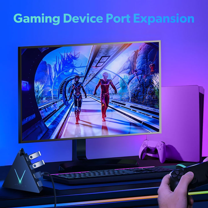 4-Port USB 3.0 Hub, FlyingVHUB USB Hub Tower mit 60 cm verlängertem Kabel, RGB-Beleuchtung (mit Scha
