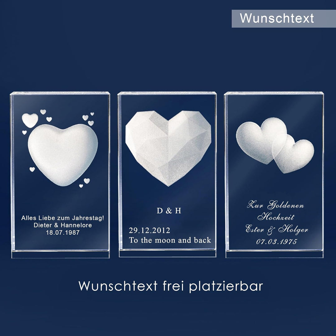 LOOXIS Personalisierte 3D Herz-Gravur im Glas – versch. Motive, Namen, Wunsch-Text – Geschenk-Idee z