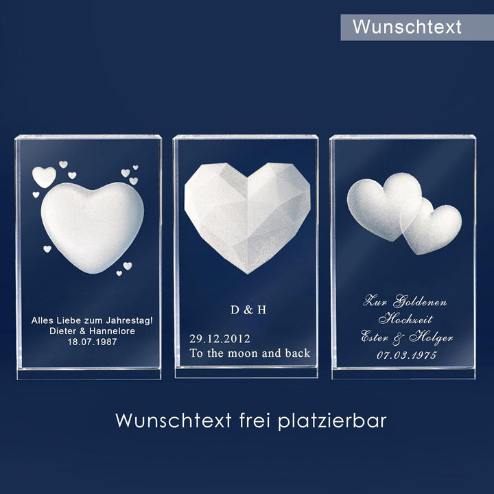 LOOXIS Personalisierte 3D Herz-Gravur im Glas – versch. Motive, Namen, Wunsch-Text – Geschenk-Idee z