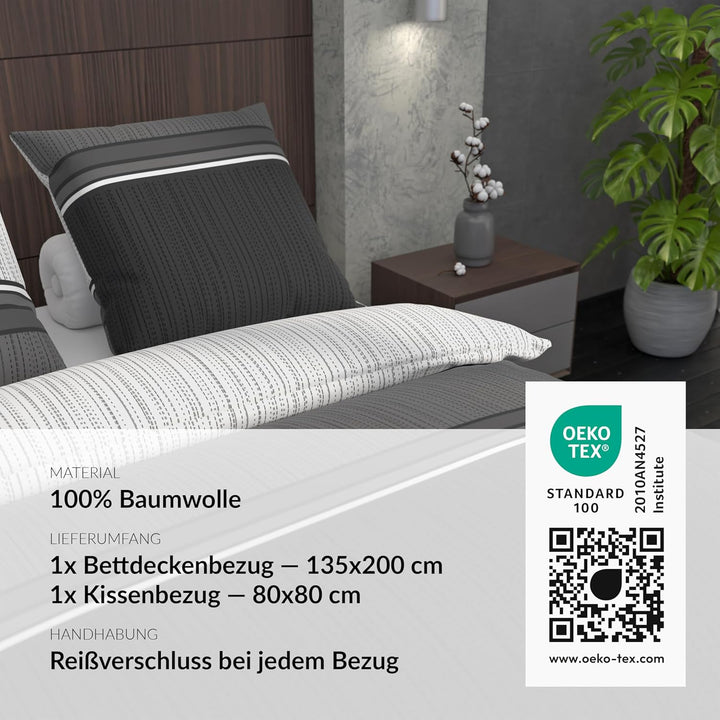 LARAWELL Bettwäsche 135x200 Baumwolle Ganzjahres Bettwäsche-Sets grau schwarz gestreift Premium Grau