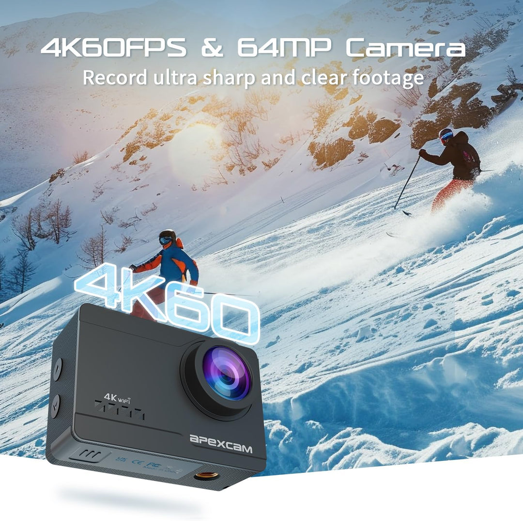 Apexcam M90 mit 64G Karte Action Cam 4K60FPS 64MP WLAN EIS Bildstabilisierung Sportkamera mit Touchs