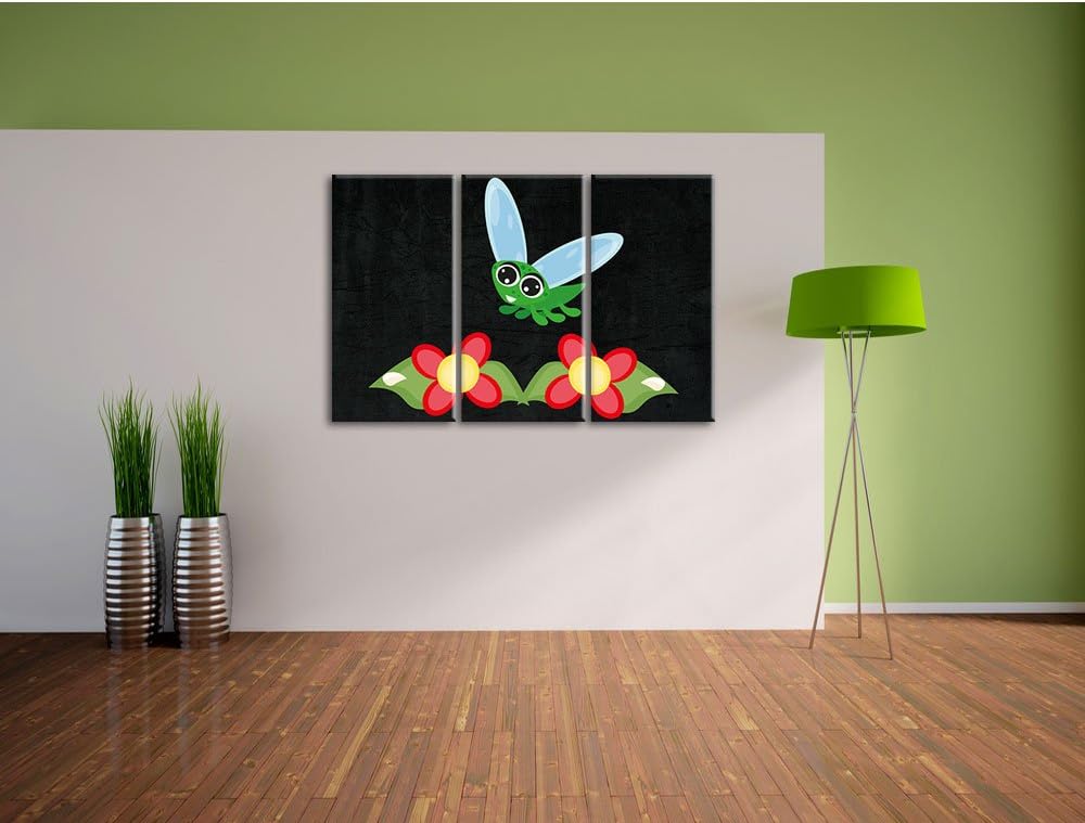 Pixxprint süsse Libelle mit Blumen als Leinwandbild/Grösse: 3 Teilig (120x80) cm/Wandbild/Kunstdruck