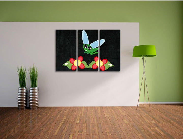 Pixxprint süsse Libelle mit Blumen als Leinwandbild/Grösse: 3 Teilig (120x80) cm/Wandbild/Kunstdruck