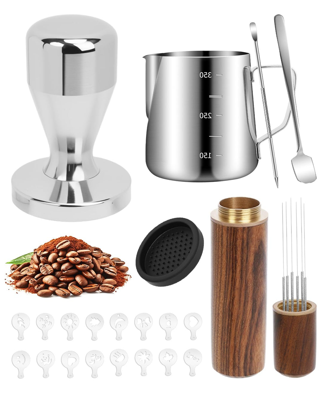Haliya Espresso Tamper Set 51 mm, 350ml Milchkännchen mit Skala, Latte Art Stift & Löffel, Holz Dist