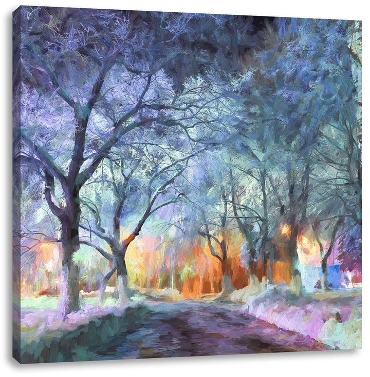 Pixxprint Baumallee im Winter als Leinwandbild/Grösse: 70x70 cm/Wandbild/Kunstdruck/fertig bespannt,