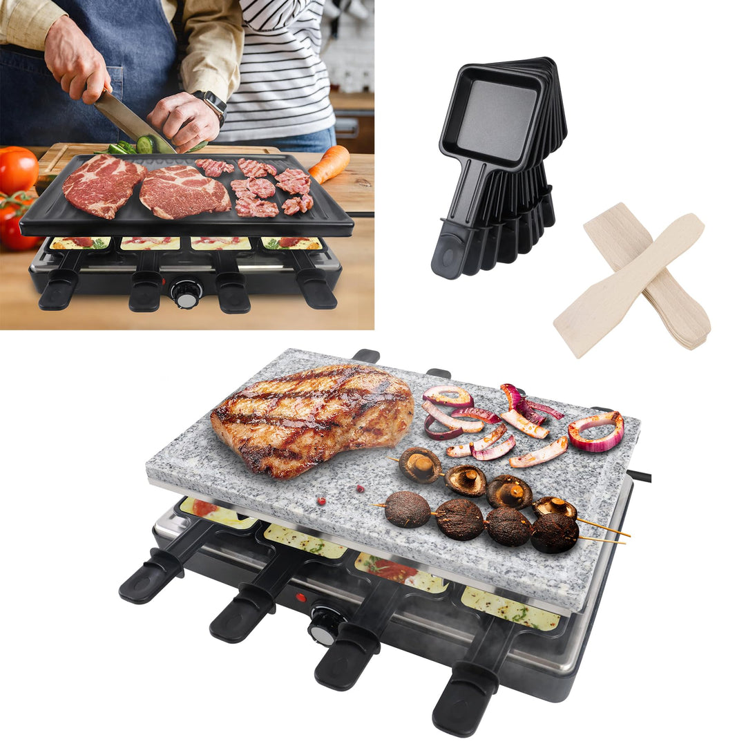 Raclette Grill 8 Personen 1400W Tischgrill mit 2 Granitplatte & 2 Grillplatte Antihaftbeschichtung,