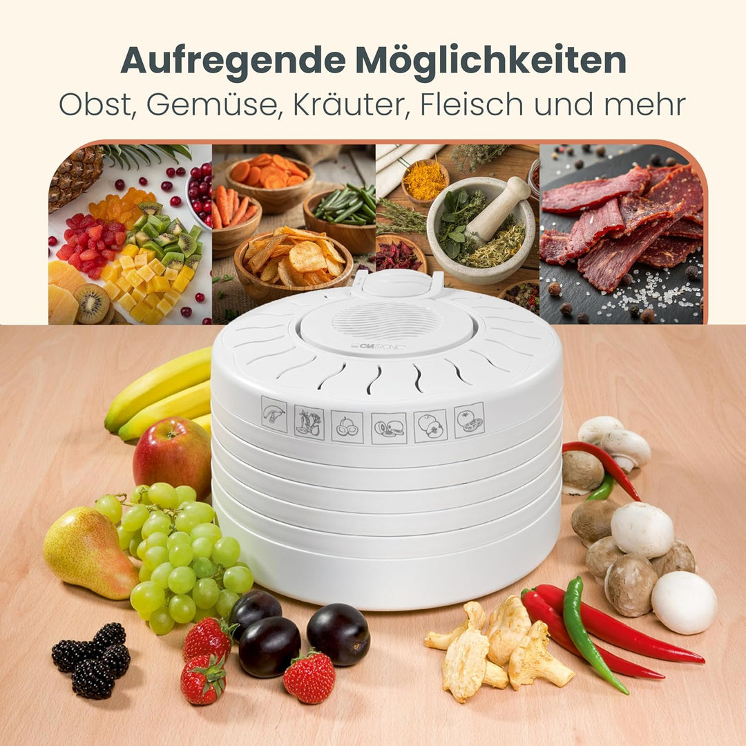 Clatronic DR 2751 Dörrautomat, 250 W mit Überhitzungsschutz, trocknet Obst, Gemüse, Kräuter, Fleisch