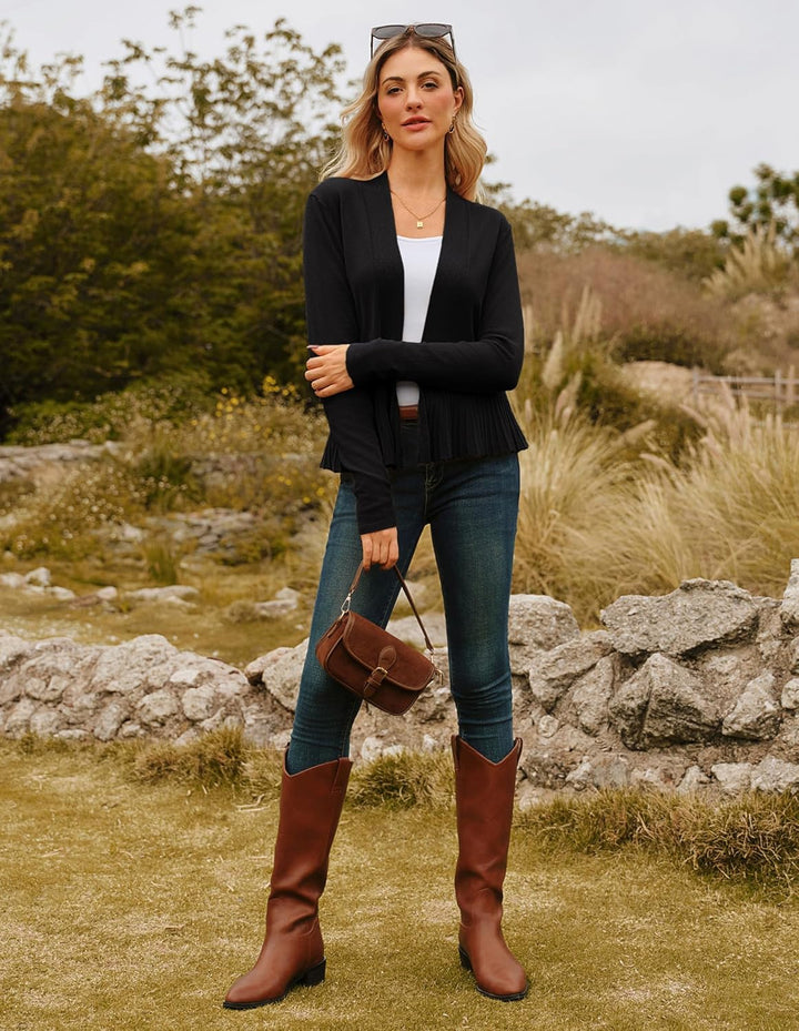 GRACE KARIN Damen Strickjacke Leicht lange Ärmel Candigan offene Vorderseite Bolero mit Raffung Eleg