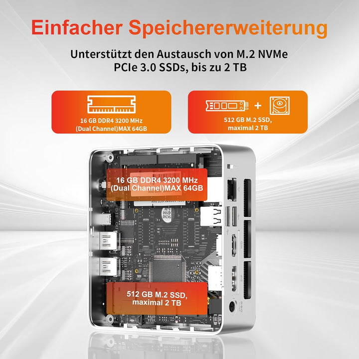 AWOW Mini PC AMD Ryzen 5 7430U (6 Kerne, bis 4,3 GHz), 16GB DDR4, 512GB PCIe 3.0 SSD, Win-11 Pro, Ra