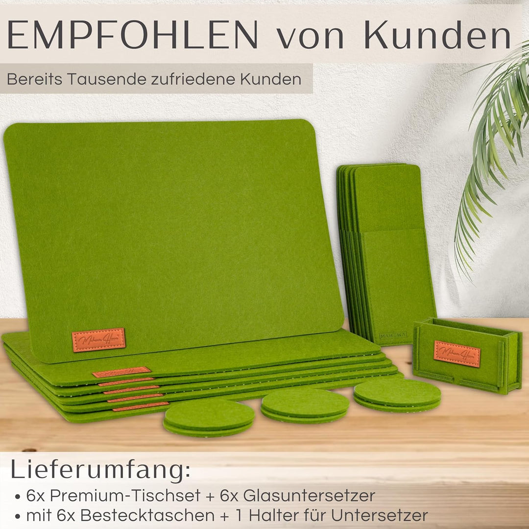 MAHEWA® 6er Set Premium Filz Tischset Platzset mit 6X Glasuntersetzer 1x Halter und 6X Bestecktasche