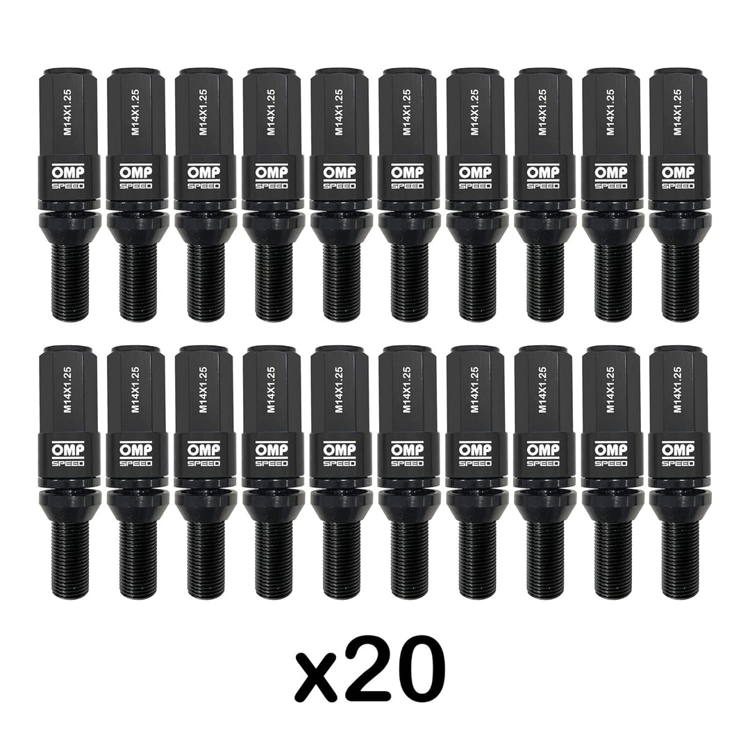 Omp SPEED Set 20 Radschrauben schwarz mit metrischer M14X1.25 Schlüssel 17-19 lang Gewinde 28 mm mit