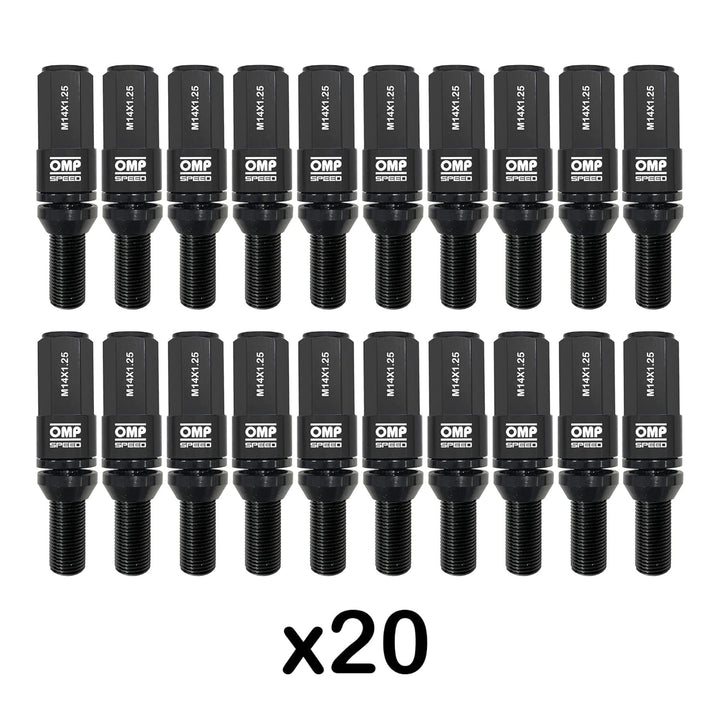 Omp SPEED Set 20 Radschrauben schwarz mit metrischer M14X1.25 Schlüssel 17-19 lang Gewinde 28 mm mit
