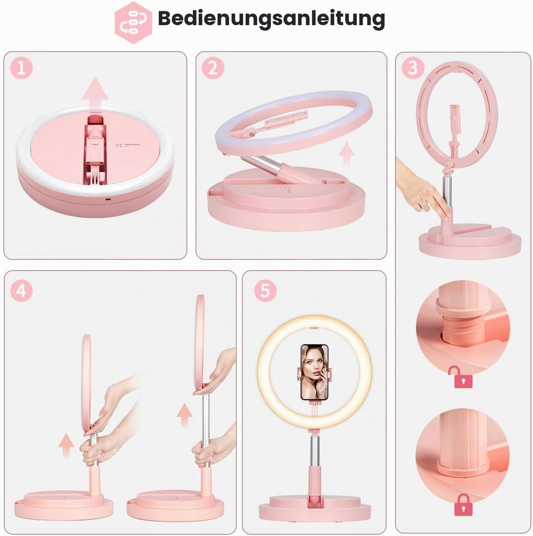 TARION LED Ringlicht: 11,8 Zoll Faltbare Ringleuchte Tisch Ringlicht mit Stativ und Handyhalter für