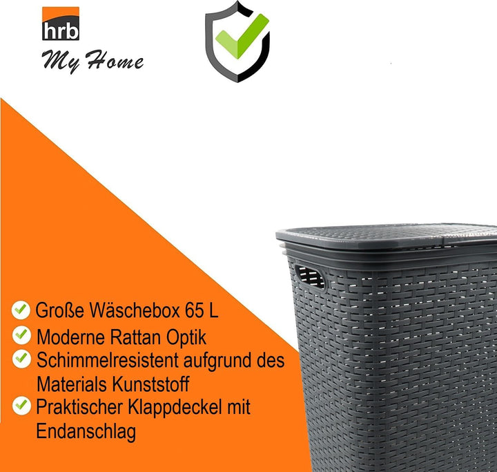 HRB Wäschekorb mit Deckel Rattan, Wäscheaufbewahrung aus Kunststoff, Wäsche Sortierer (65 L - Eckig,