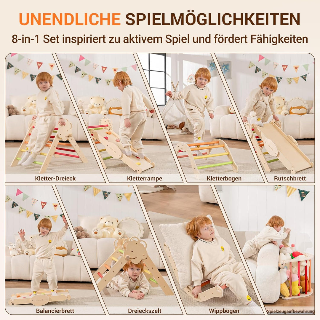 COSYLAND 8-in-1 Montessori Klettergerüst Indoor ab 1 Jahr – Kletterdreieck mit Rutsche, Kletterbogen
