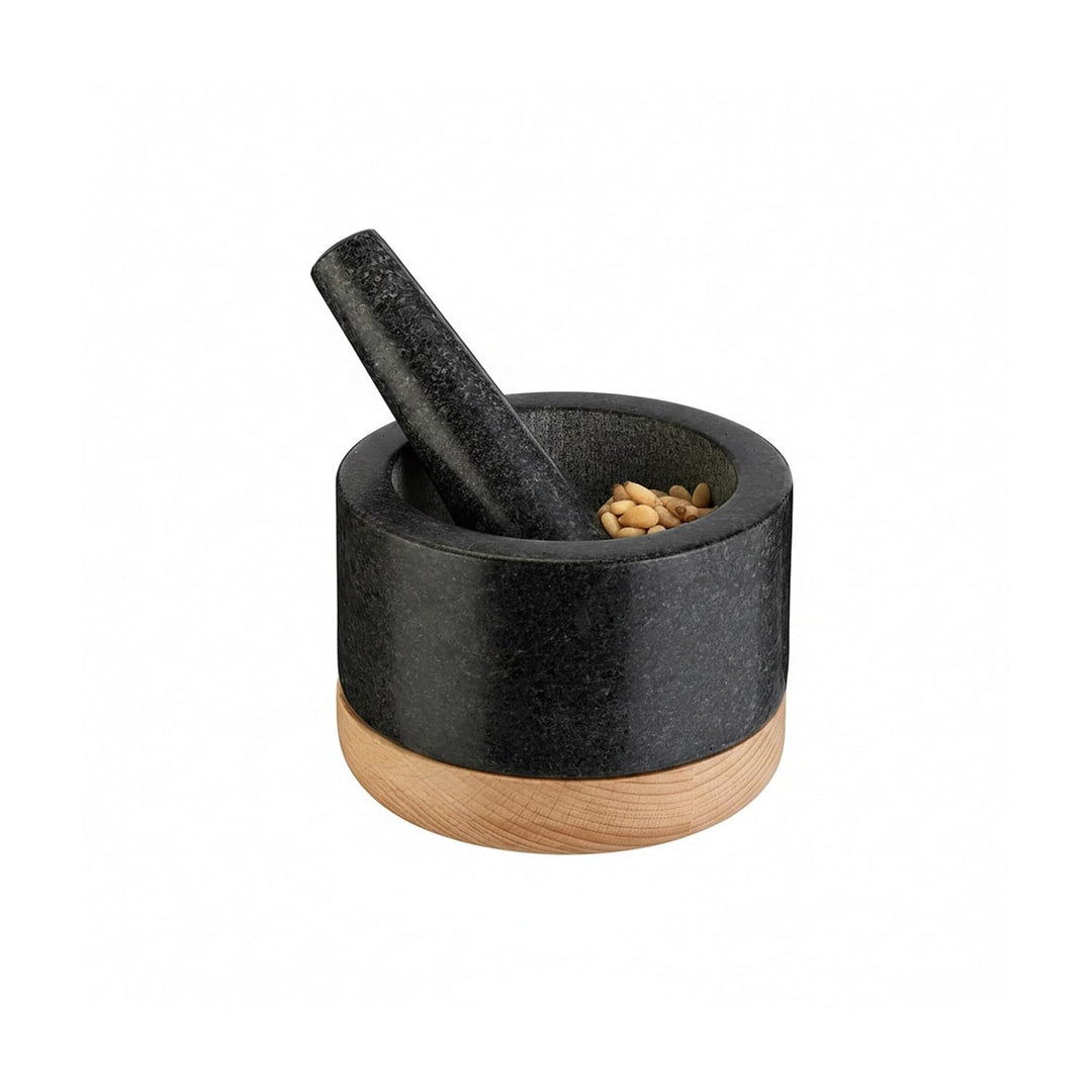 Relaxdays Mörser mit Stössel, Holzuntersetzer, Granit, HxD: 8,5 x 14 cm, Steinmörser, Gewürze & Kräu