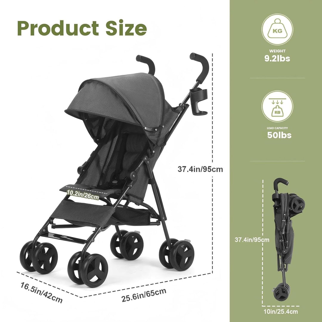 Einhändig klappbarer, leichter Kinderwagen, grosser Aufbewahrungskorb, Verdeck, Getränkehalter, komp