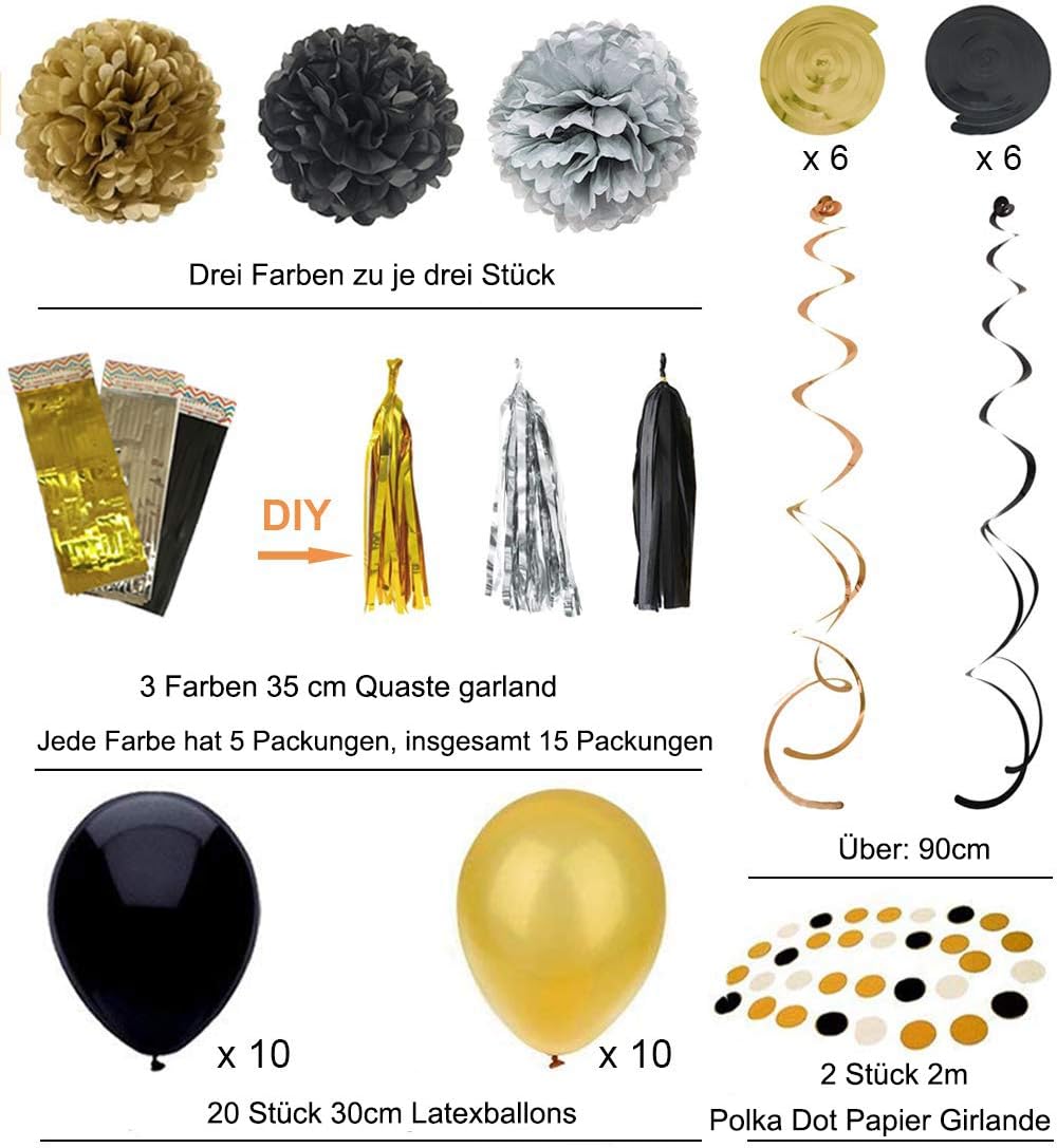 Schwarz Gold Party Deko Set - DIY Pompoms Blumen, Quaste Girlande, Luftballons, Polka Dot Papier Gir