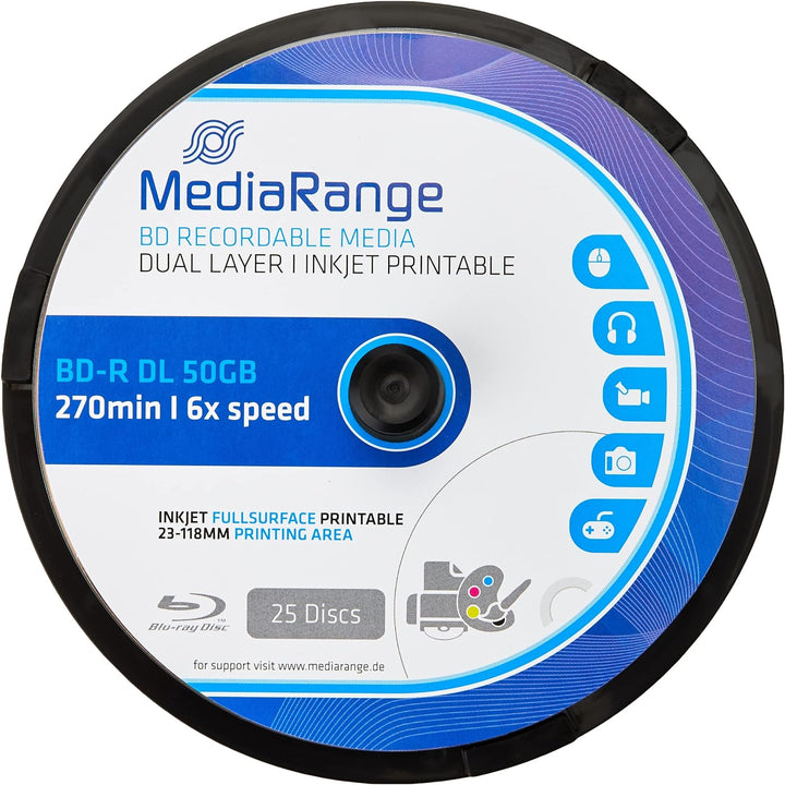 MediaRange BD-R Dual Layer 50GB 6-Fache Schreibgeschwindigkeit, Vollflächig bedruckbar, 25er Cakebox