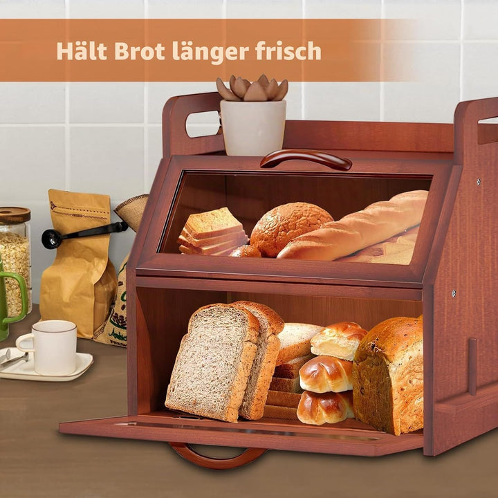 BAMBANG Extra Grosses Brotkasten, 2 Etagen Bambus Brotbox für Küchen, Holz Brotbehälter mit Werkzeug