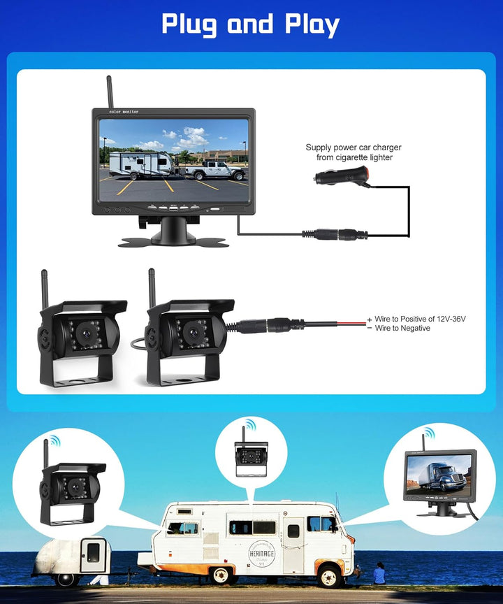 Hodozzy 2 Kabellose Digitale Rückfahrkameras mit 7 Zoll IPS Bildschirm, wasserdichte IP68 Rückfahrka