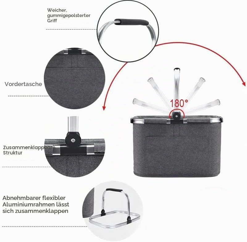 30L Einkaufskorb Faltbar Stabil Gross Tragekorb Picknickkorb Klappkorb Einkaufstasche mit Aluminiumg
