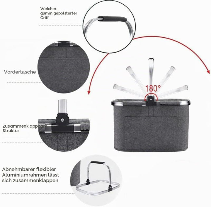 30L Einkaufskorb Faltbar Stabil Gross Tragekorb Picknickkorb Klappkorb Einkaufstasche mit Aluminiumg