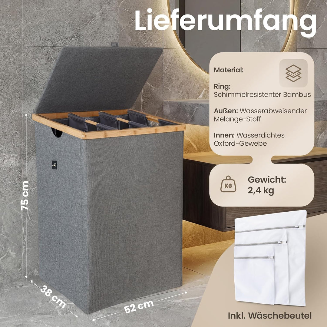 Wäschekorb 3 Fächer mit Deckel – kein Klett, keine Schlaufen, herausnehmbare Wäschesäcke, stabiler B