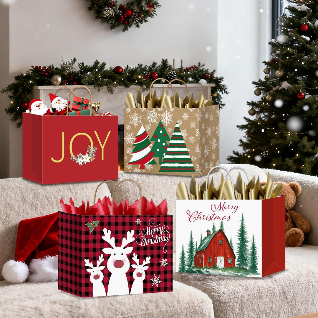 DECHISY 12 Stück Geschenktüten Weihnachten Gross, Papiertüten mit Griffen, Weihnachtstüten mit 4 Des