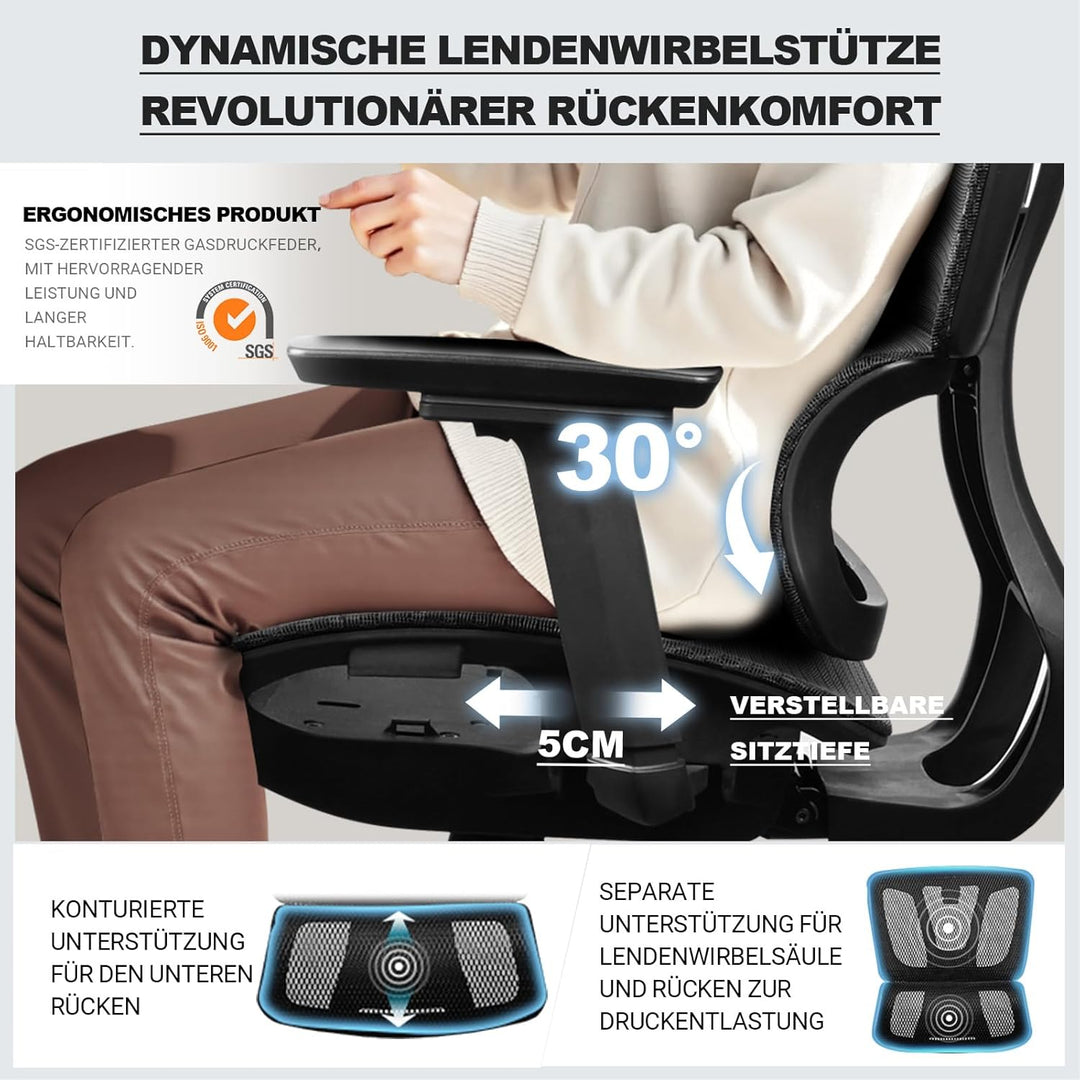 Bürostuhl Ergonomisch, 4D-Armlehnen, Verstellbare Sitztiefe, 4-stufige Neigung, Gummirollen, Mesh-Si