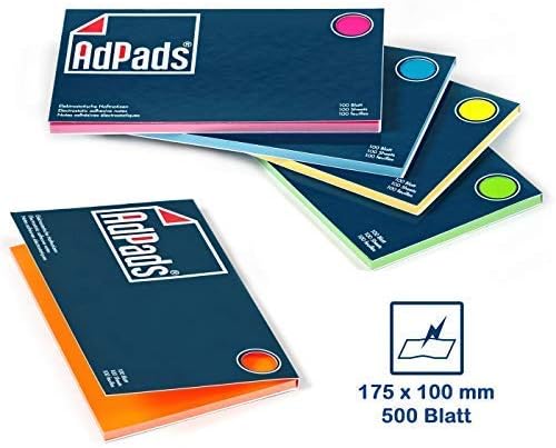 AdPads® elektrostatisch selbstklebende Moderationskarten | 175 x 100mm, 500 Blatt, Set Bunt | Grosse