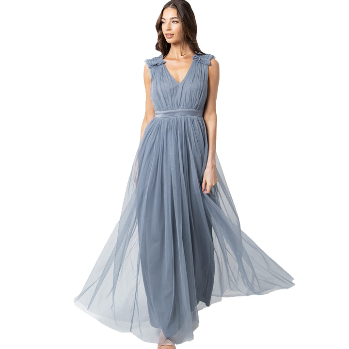 Maya Deluxe Damen Womens Ladies Maxi Dress with Ruffle V Neck Sleeveless High Empire Waist Long for