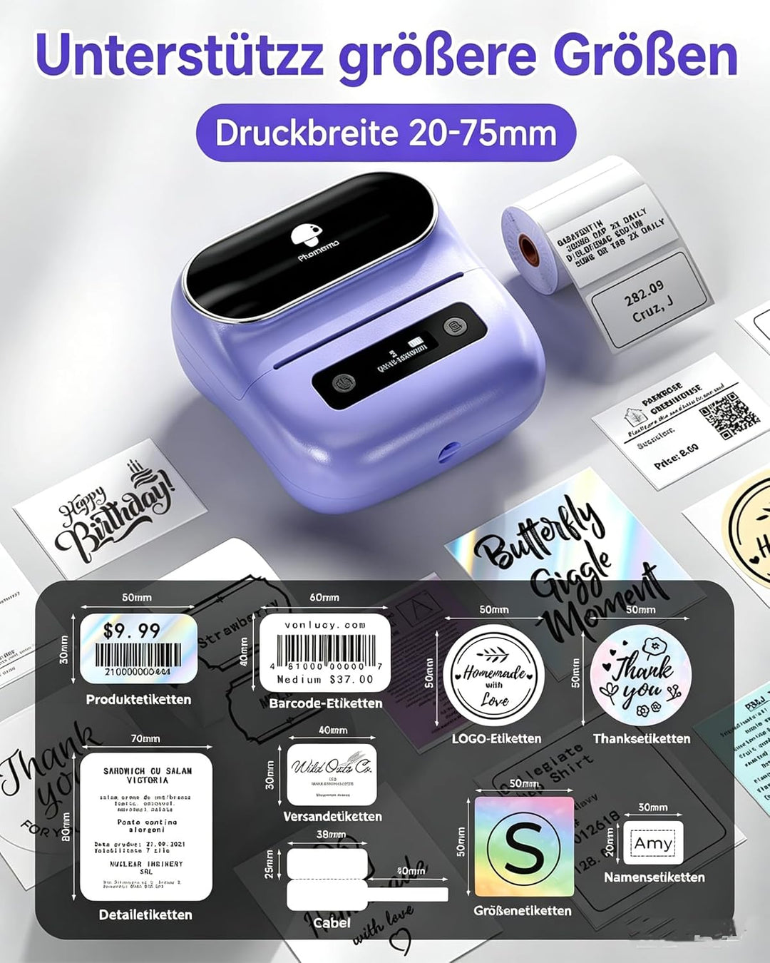 Phomemo M220 Etikettendrucker, Bluetooth Thermo Etikettendrucker für Barcode, Adresse, Haus, Versand