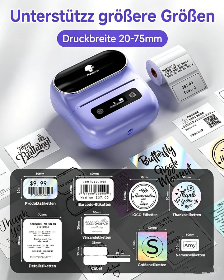 Phomemo M220 Etikettendrucker, Bluetooth Thermo Etikettendrucker für Barcode, Adresse, Haus, Versand