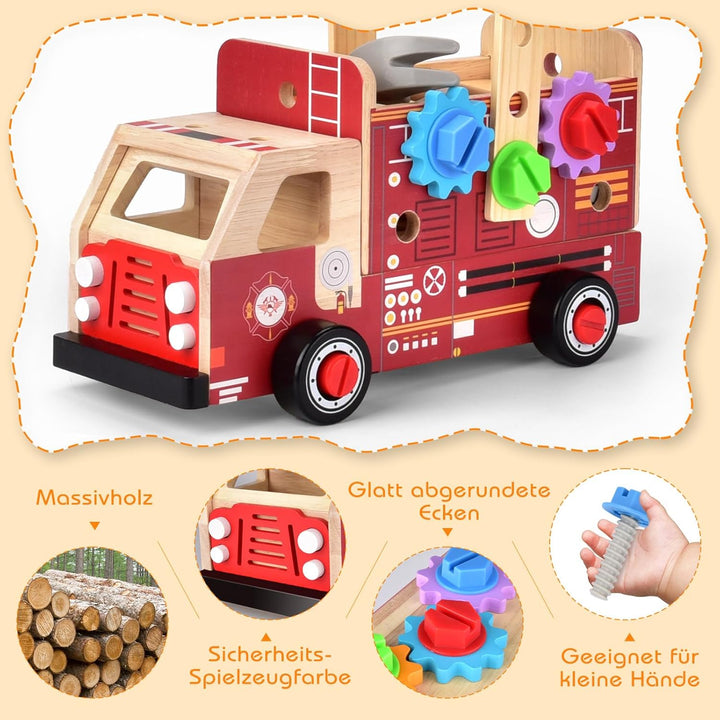 Werkzeugkoffer Kinder Werkbank, 2 in 1 Feuerwehrfahrzeug aus Holz und Werkzeug Kinder, Montessori Ho