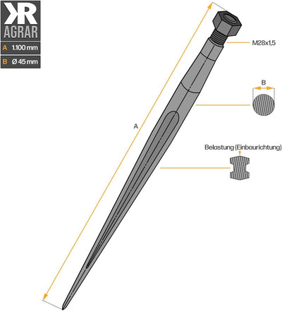 Frontladerzinken | 1100 mm | M28 Gewinde | 2 Stück | Grossballenzinken | Zinken | Frontladerspiess |