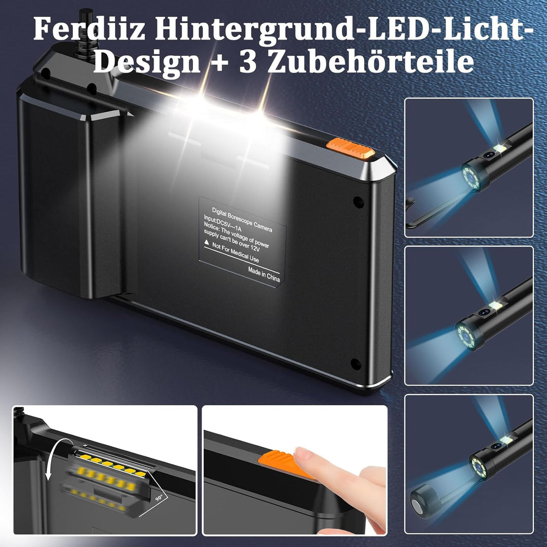 Endoskopkamera mit Licht Ferdiiz, 1080P HD Doppellinsen-Inspektionskamera mit 4,3-Zoll-IPS-Bildschir