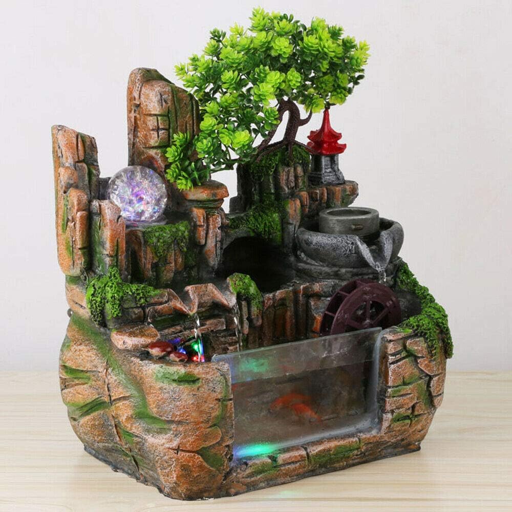 Sallurmose Desktop-Wasserbrunnen, Mini-Desktop-Wasserfallbrunnen mit rollender Kugel, Wasserrad, Des