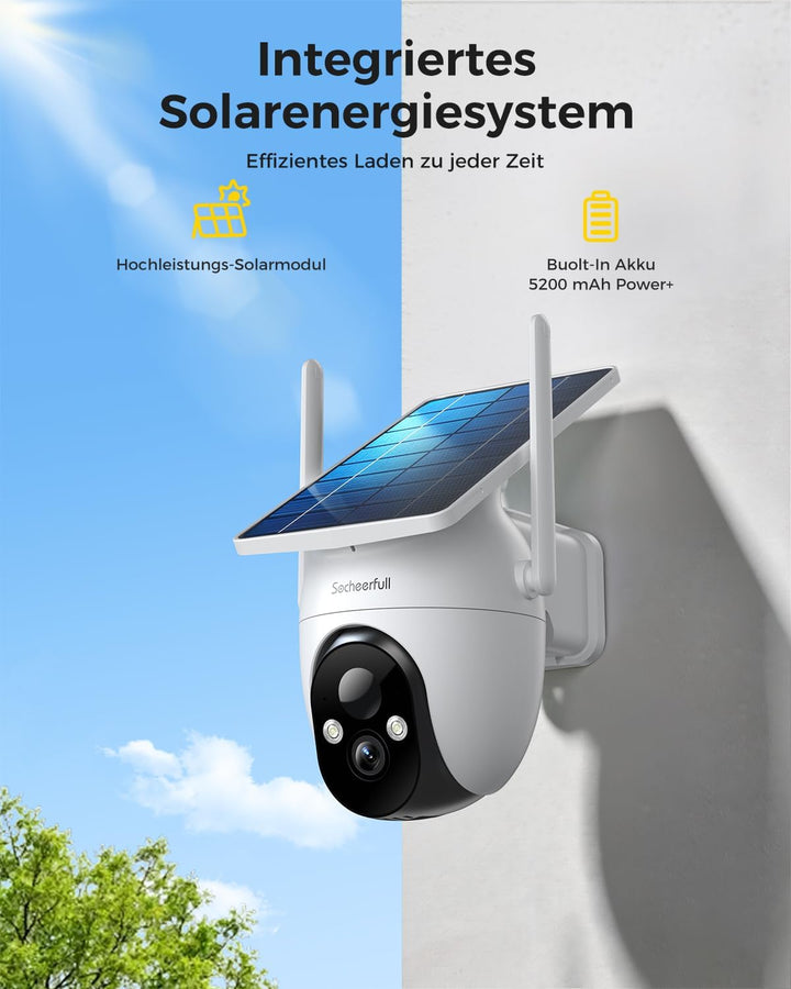 2K Überwachungskamera Aussen Solar,Einfach zu Montieren, Lädt bei Schwachlicht,2.4GHz Kabellos Kamer