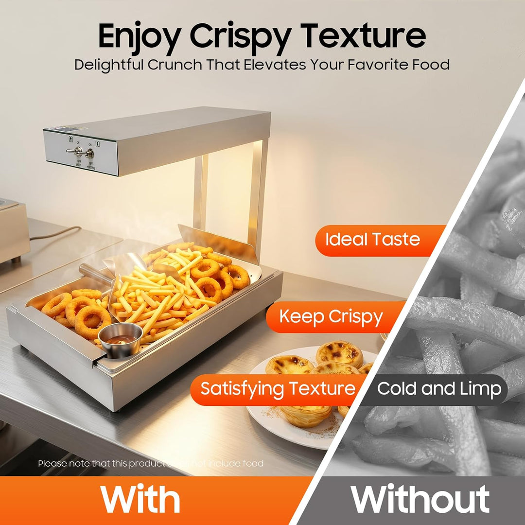 Pommes Frites Wärmer, 750W Pommeswärmer, 80℃ Wärmebrücke mit Beleuchtung, Dicke 0,55mm, Tabletop Ede