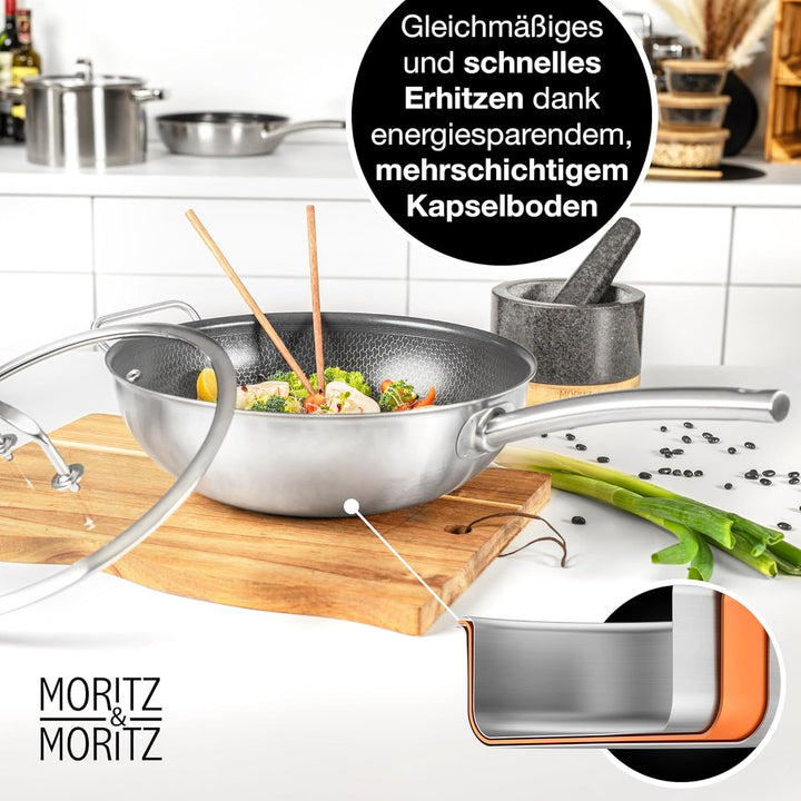 Moritz & Moritz Edelstahl Wokpfanne mit Deckel 30cm und Keramikbeschichtung der neuesten Generation