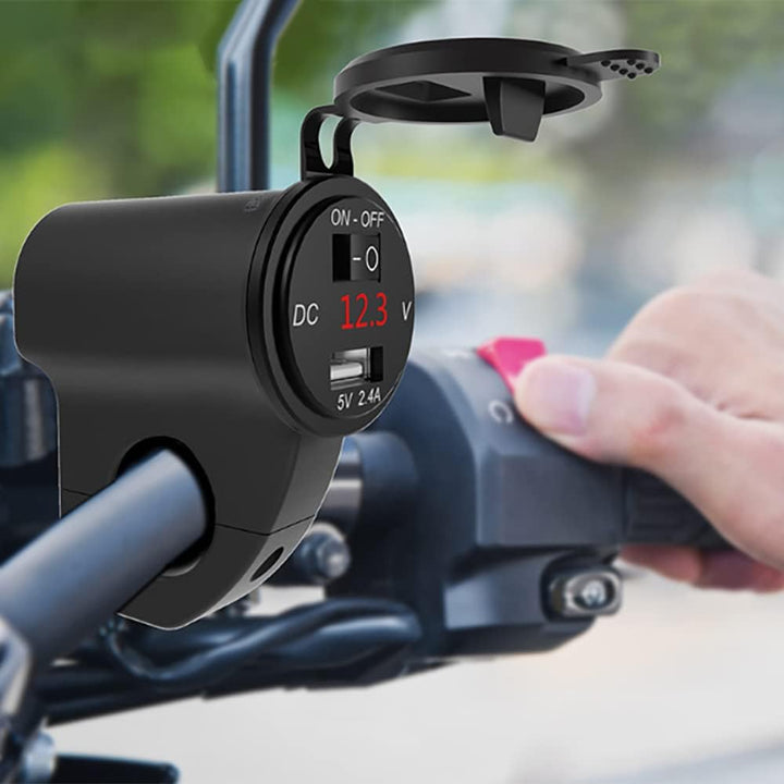 Riloer 2.4A Motorrad-Aluminiumlegierung Wasserdichtes einzelnes USB-Handy-Ladegerät mit Schalter Vol