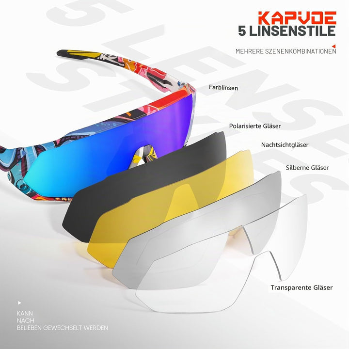KAPVOE Polarisations-Fahrradbrillen,5 austauschbare Gläser,Unisex-Sportsonnenbrillen für Männer und