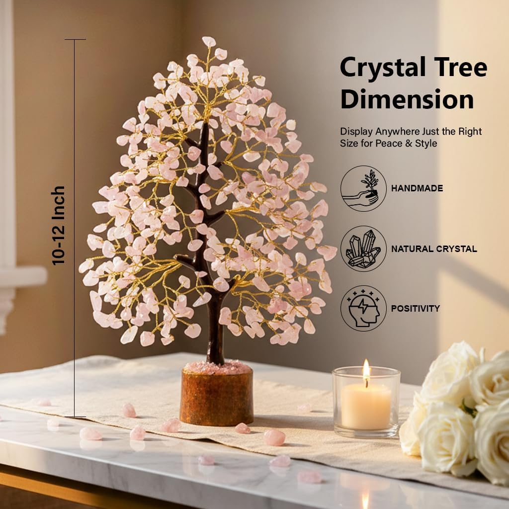 Crocon Rose Quartz Gemstone Tree Feng Shui Figurine Money Bonsai Good Luck Chakra Balancing Reiki He