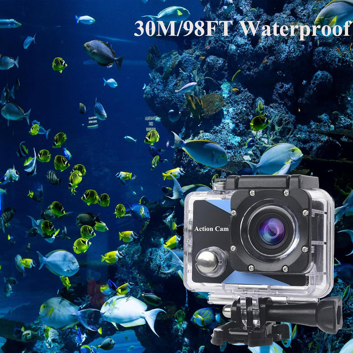 Action Cam1080P mit 16GB Speicherkarte, Unterwasserkamera wasserdicht bis 30M, Actionkamera mit 2×90