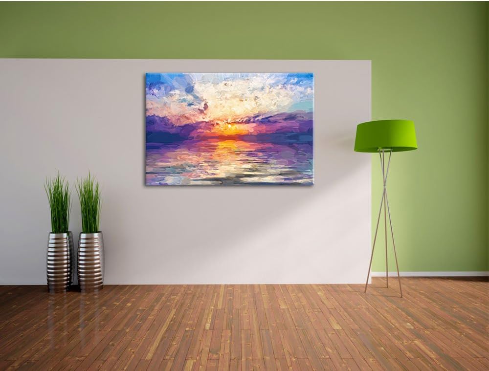 Pixxprint Sonnenaufgang im Meer / 100x70cm Leinwandbild bespannt auf Holzrahmen/Wandbild Kunstdruck
