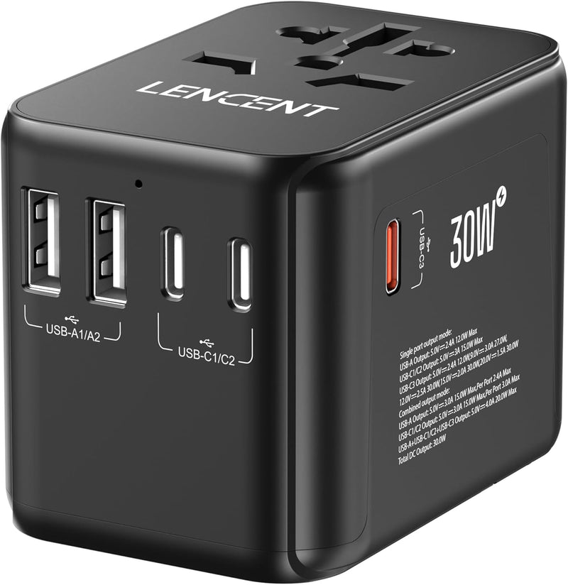 LENCENT Universeller Reiseadapter GaN III 30W, International Adapter mit 2 USB-A&3 USB-C PD Schnelll